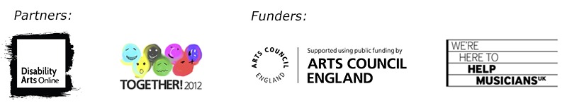 J Cox logo strip Logos for funders ACE and Help Musicians UK and partners Disability Arts Online & Together2012